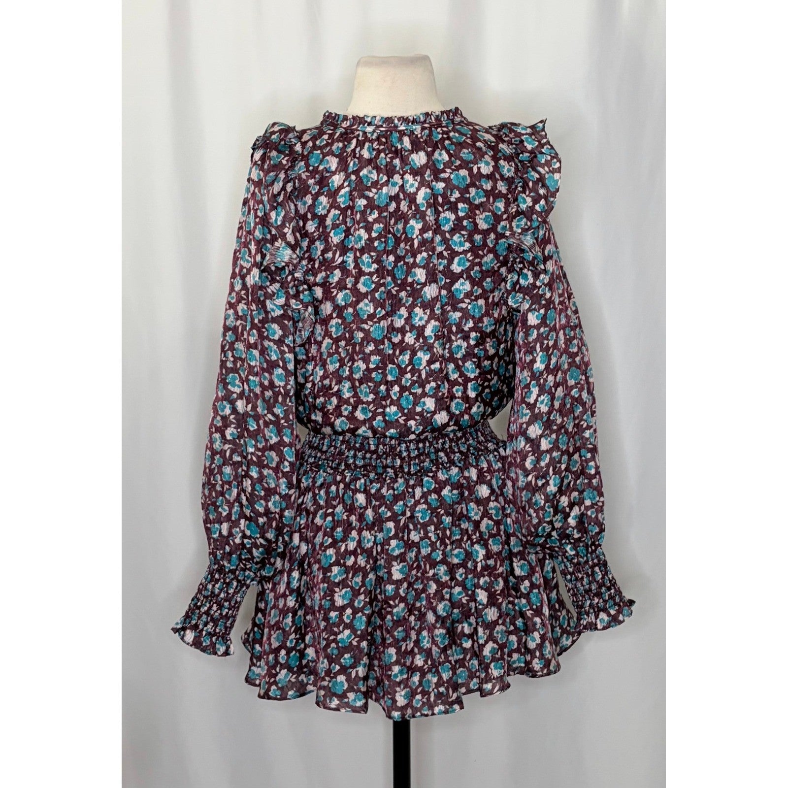 RAMY BROOK Silk Penelope Dress Roco Floral Mini Ruffled Smocked Purple Teal XS