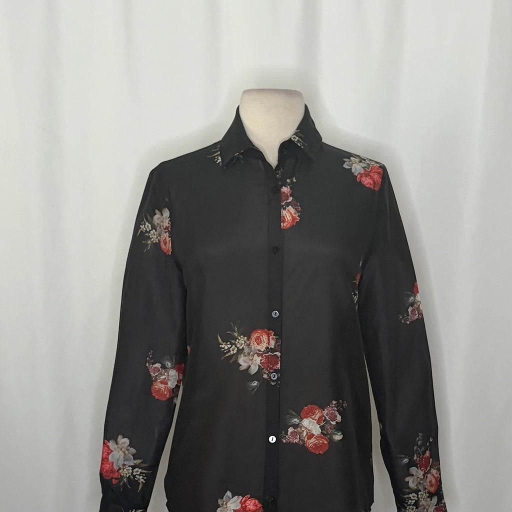 THE KOOPLES Silk Blend Black Floral Buttondown Top Blouse Button Down 0 / XS