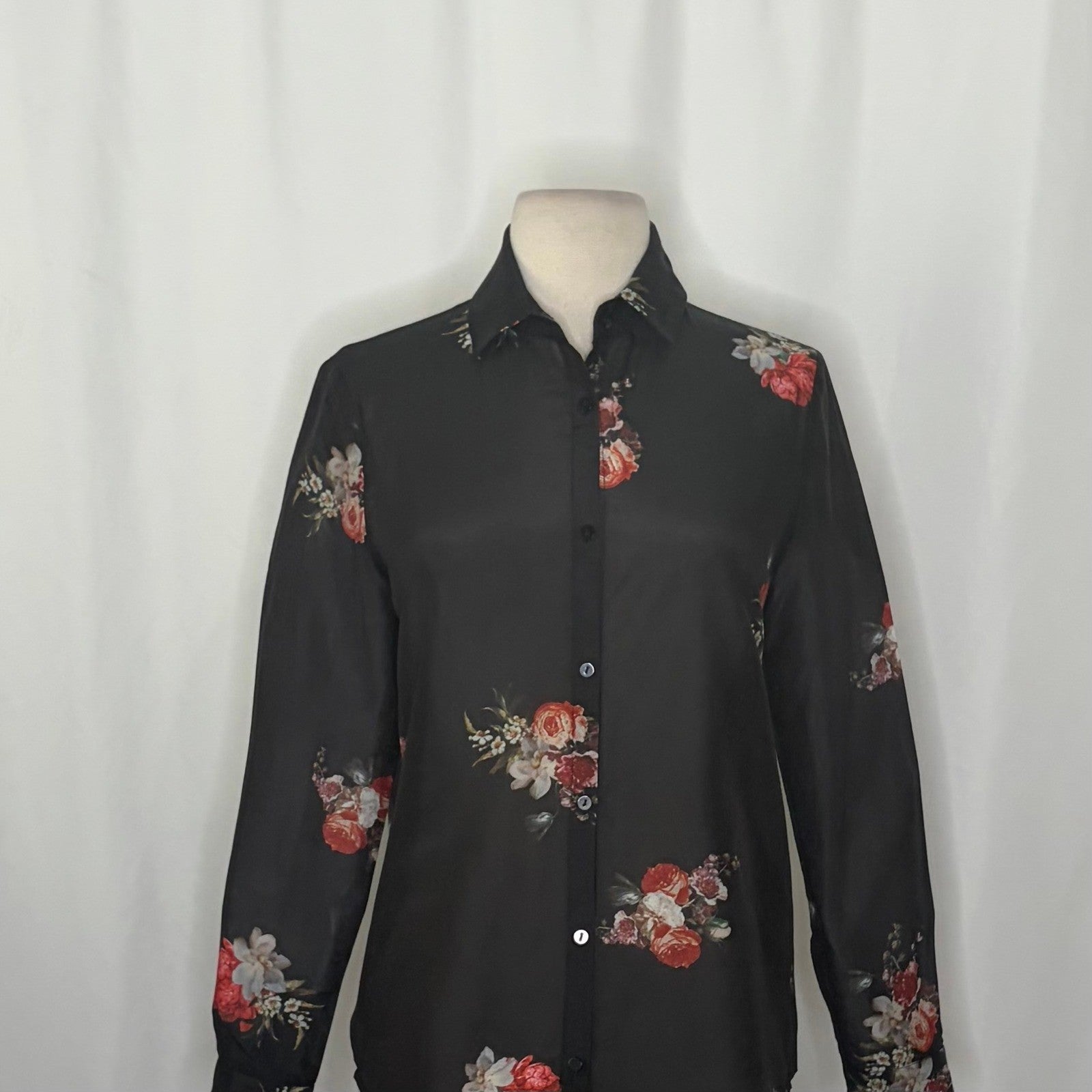 THE KOOPLES Silk Blend Black Floral Buttondown Top Blouse Button Down 0 / XS
