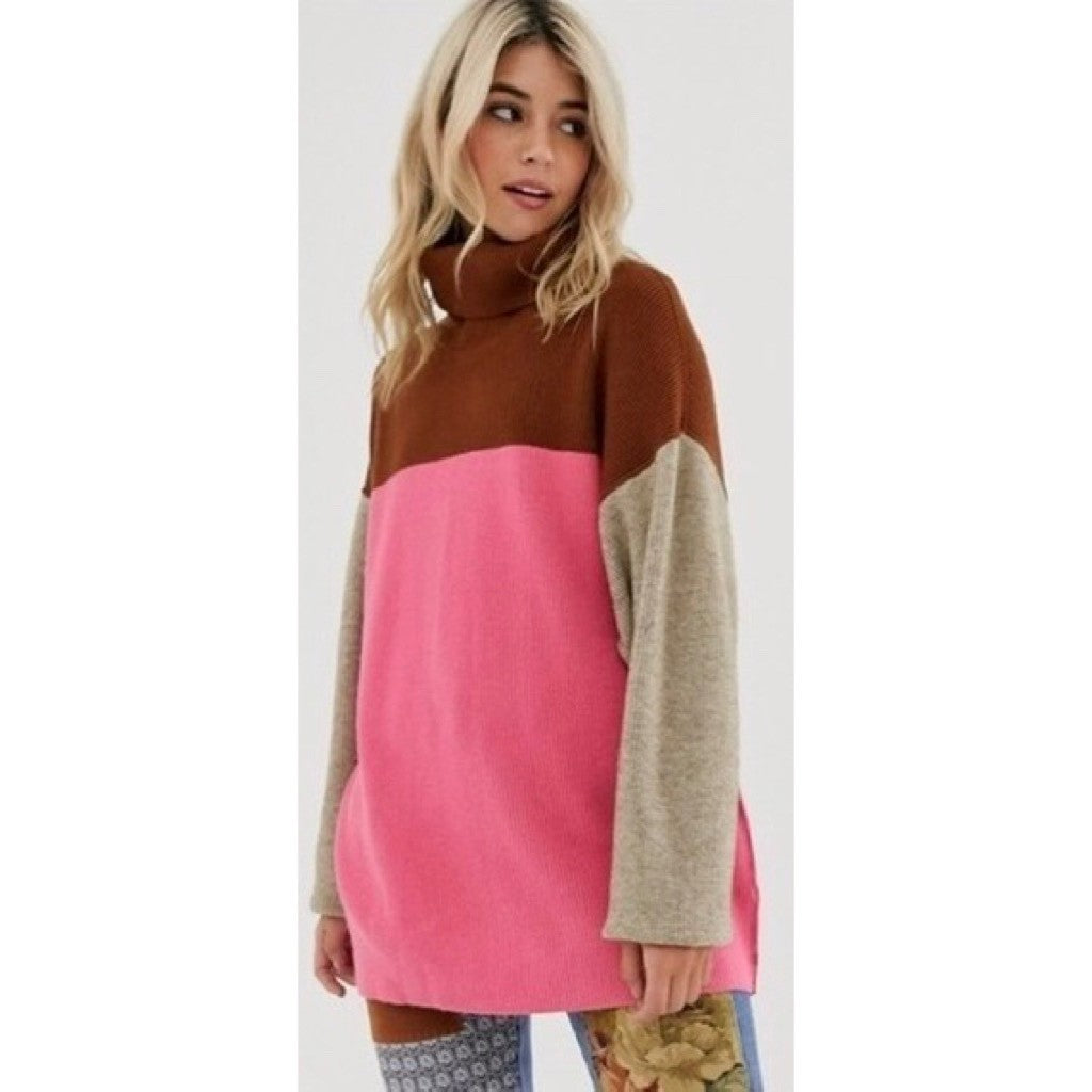 FREE PEOPLE Softly Structured Colorblock Sweater Turtleneck Candy Pop Medium