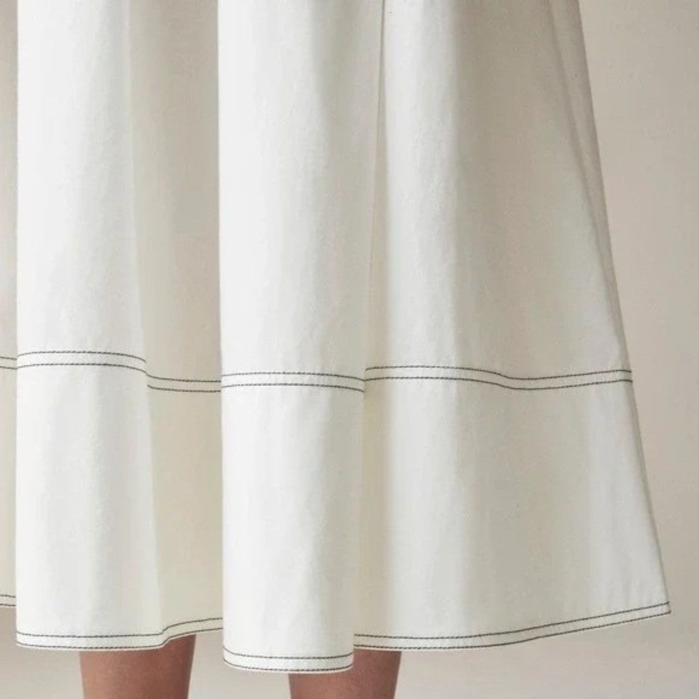 NWT!! J. CREW Contrast-Stitch Midi Skirt Cotton Poplin Solid White Navy Blue 14