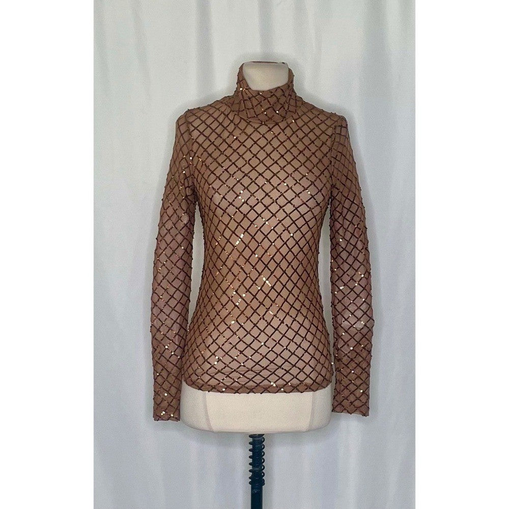NWT!! Anthropologie PILCRO Turtleneck Sequin Top Shirt Bronze Party Glam X-Small