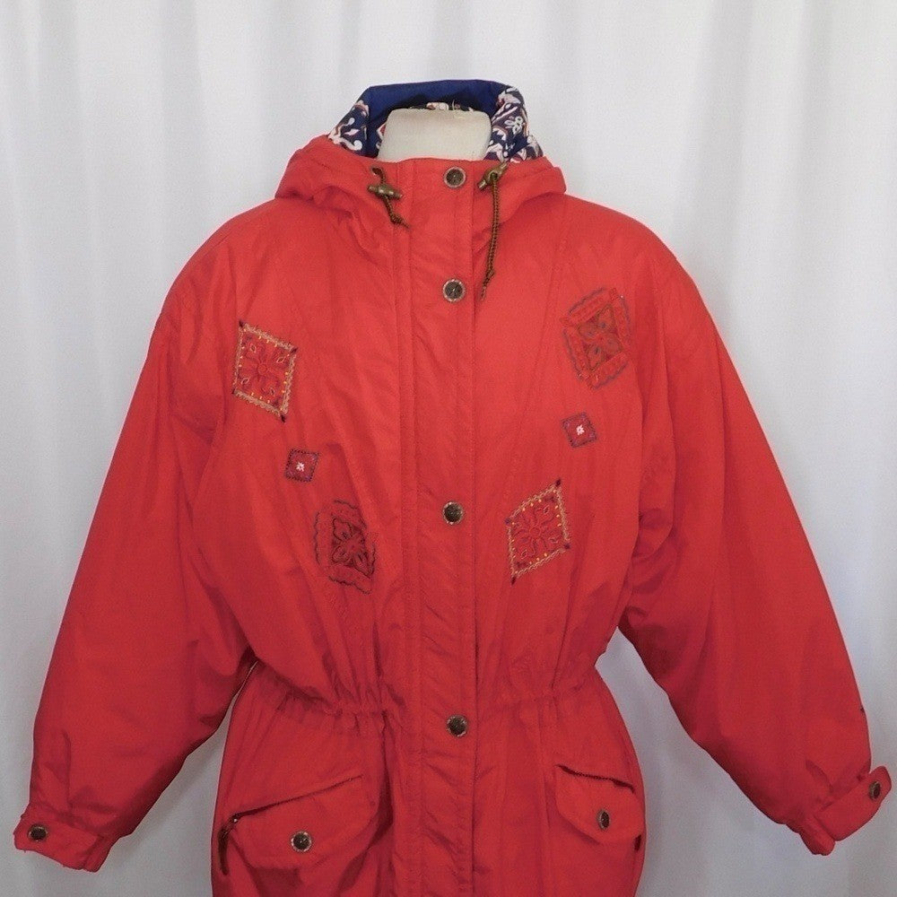 Vintage OBERMEYER Women's Embroidered Hooded Legend Coat Jacket Red Blue Size 10