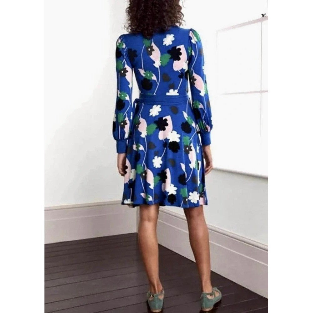 BODEN Edie Jersey Knit Wrap Dress Blue Summit Floral Press Print Preppy Size 8
