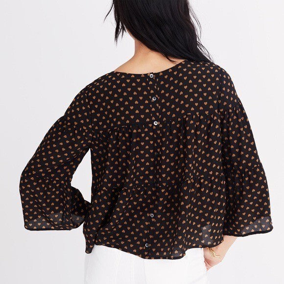 MADEWELL Silk Black Gold Heart Flip Button Back Tiered Top Blouse X-Small