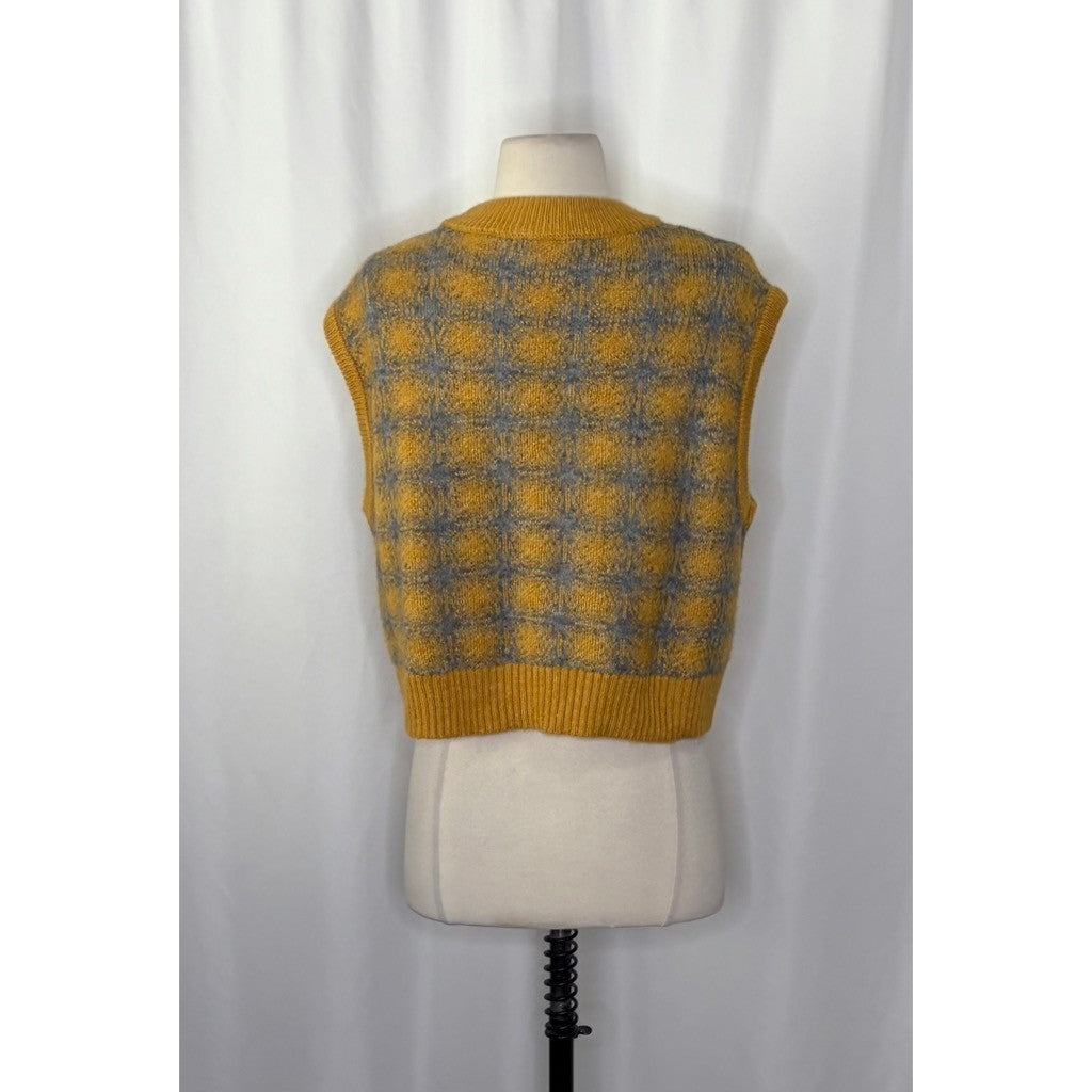 ZARA Chunky Wool Sweater Vest Plaid Star Pattern Yellow Gray Academia Small