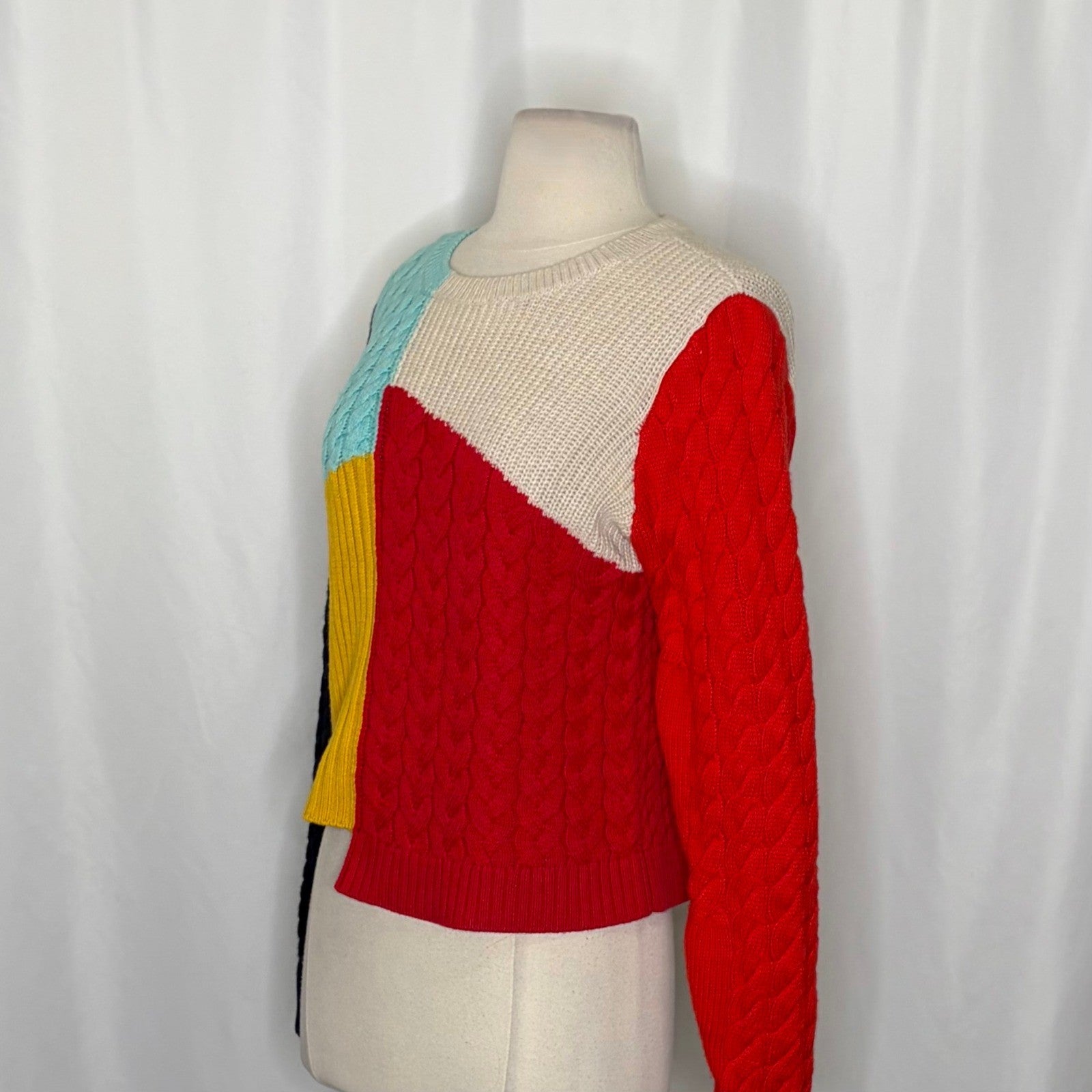 ALICE + OLIVIA Lebell Mixed Knit Cropped Sweater Colorblock Colorful Large
