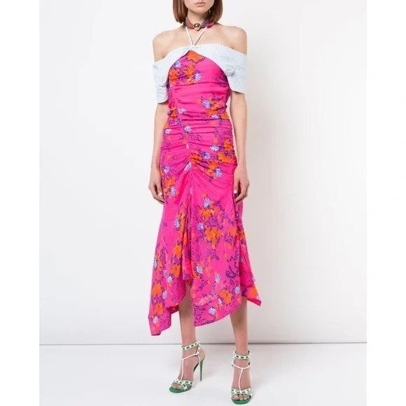 NWT!! TANYA TAYLOR Silk Virginia Dress Falling Floral Pink Striped Halter Size 0