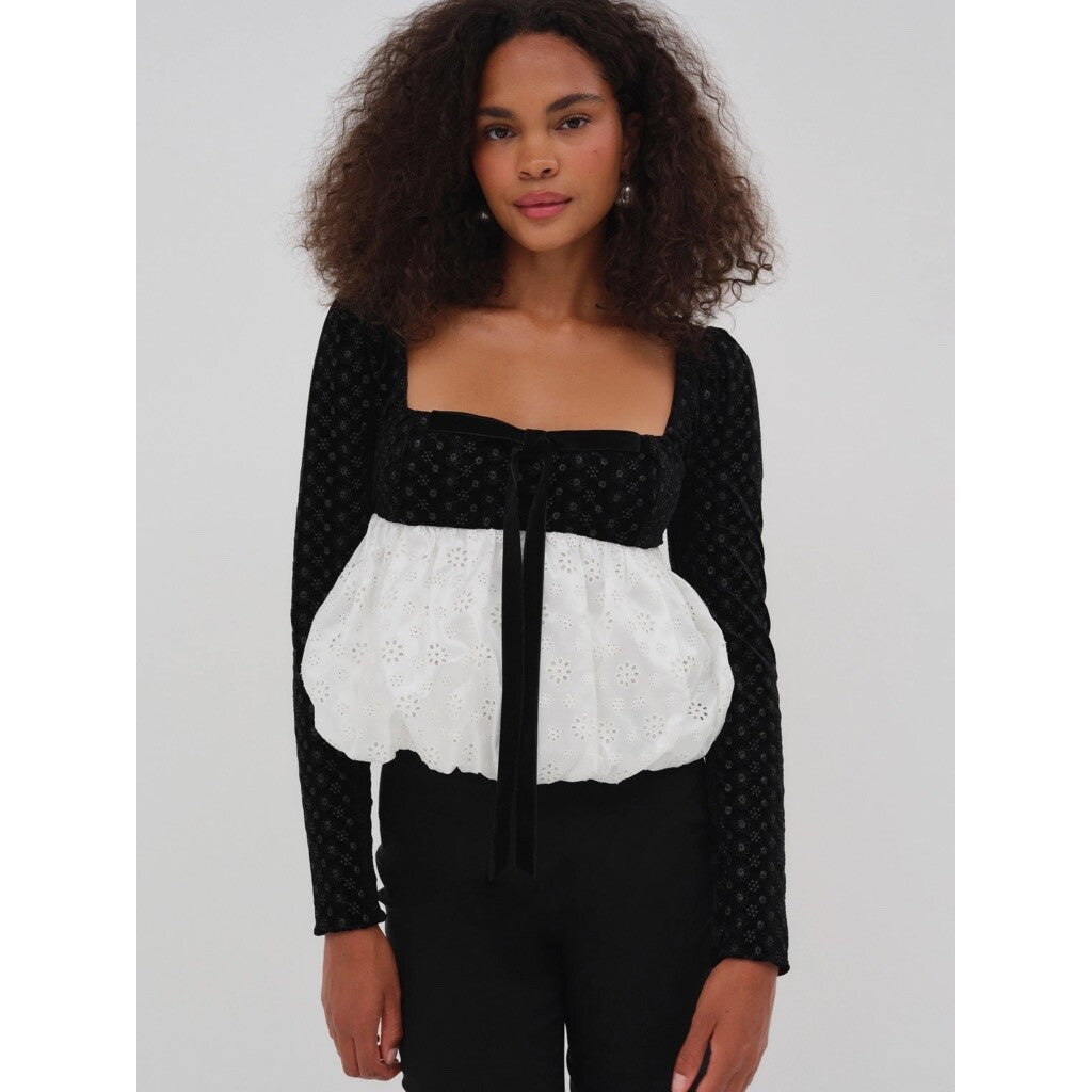 NWT!! FOR LOVE AND LEMONS Elisa Long Sleeve Top Black Velvet Taffeta Eyelet XS