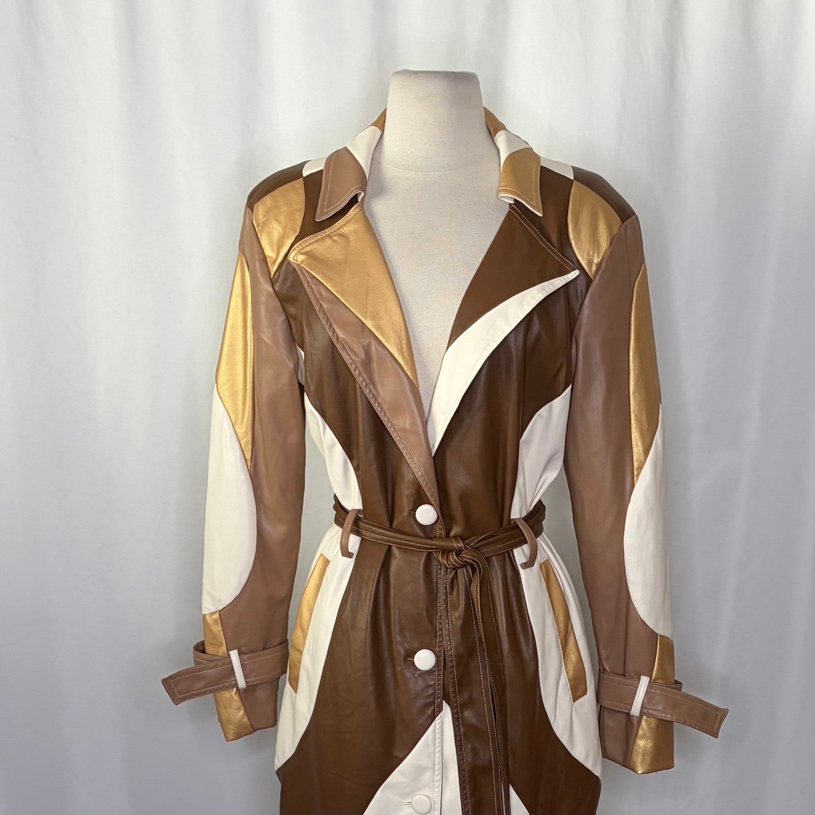 COLIN LOCASCIO Francine Patchwork Trench Coat Vegan Leather Belted Retro Small