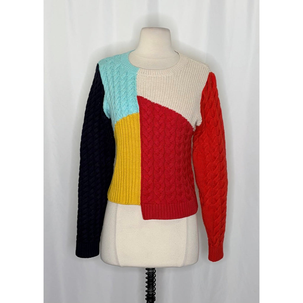 ALICE + OLIVIA Lebell Mixed Knit Cropped Sweater Colorblock Colorful Large