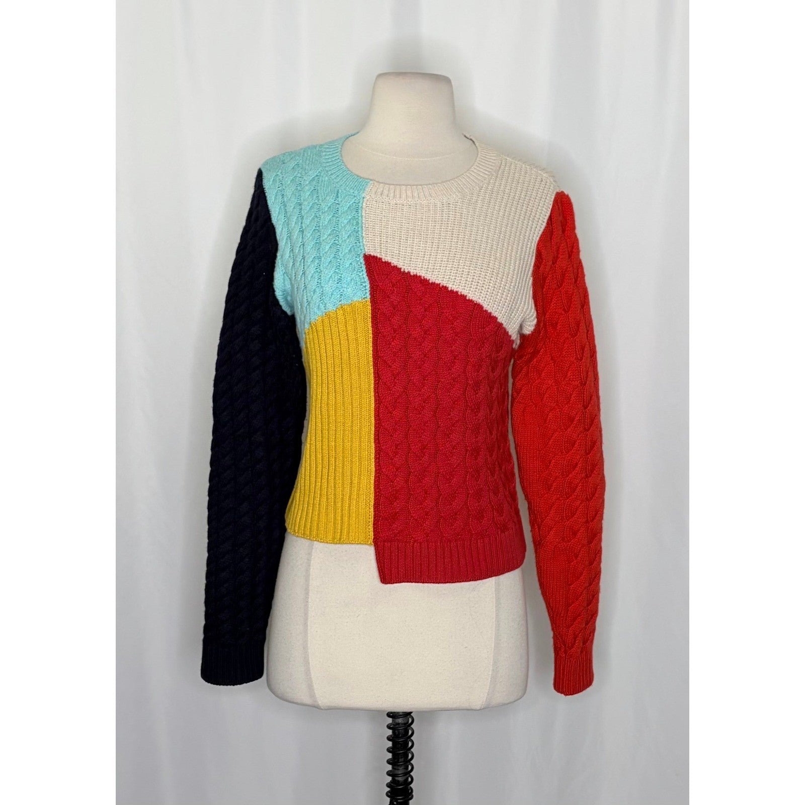 ALICE + OLIVIA Lebell Mixed Knit Cropped Sweater Colorblock Colorful Large