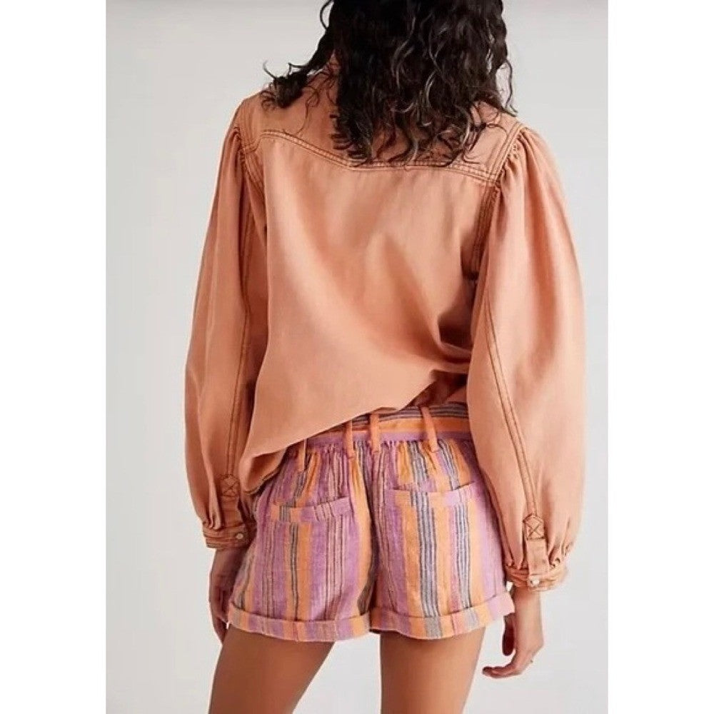 FREE PEOPLE Barbados Bloom Belted Cuffed Shorts Tropical Stripes Vacation 6