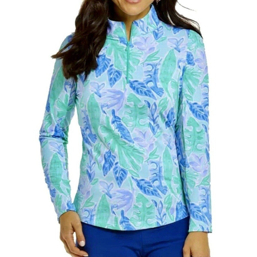NWT!! IBKUL Mock Neck Long Sleeve Zip Top UPF50 Allison Jade Periwinkle X-Small