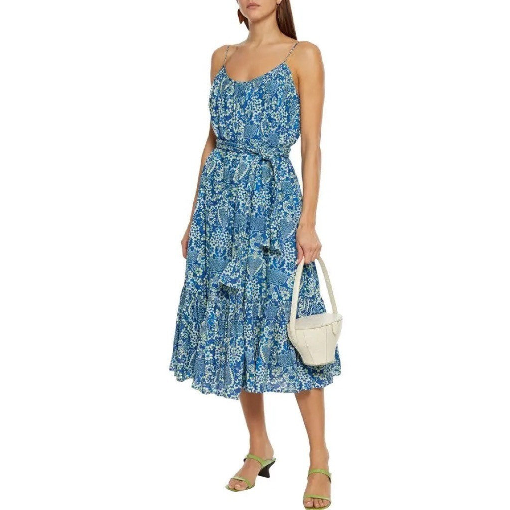 RHODE Lea Belted Floral Printed Cotton-Poplin Midi Dress Blue Vacation X-Small