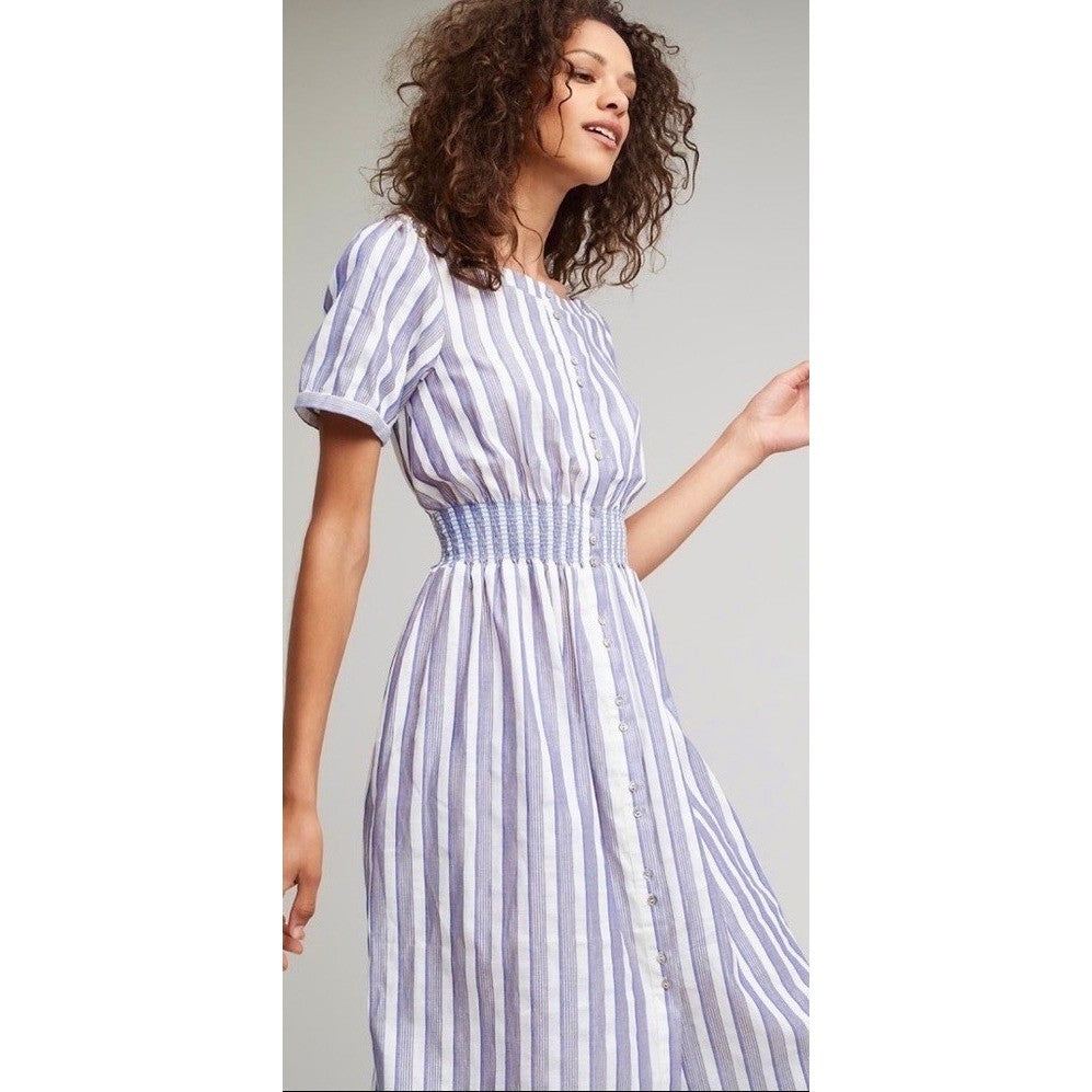 Anthropologie SEEN WORN KEPT Jenna Lurex Stripe Dress Blue White Midi Size 12