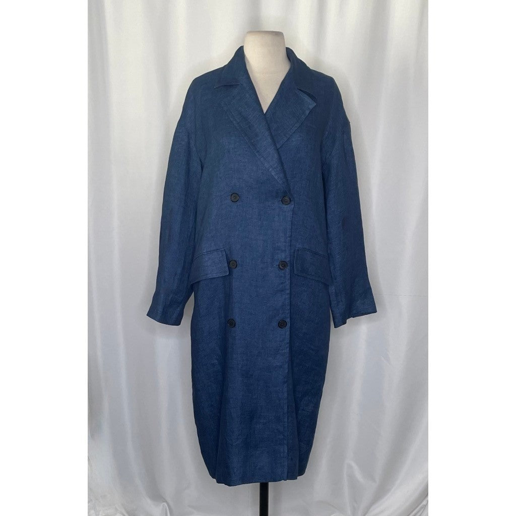 ZARA Limited Edition Linen Coat Buttons Pockets Double Breasted Blue X-Small