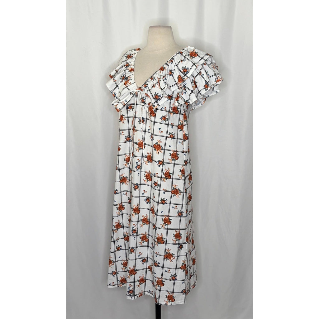 NWT!! ZARA Floral Plaid Lattice Ruffle Sleeve Dress Shift Blogger Favorite Large