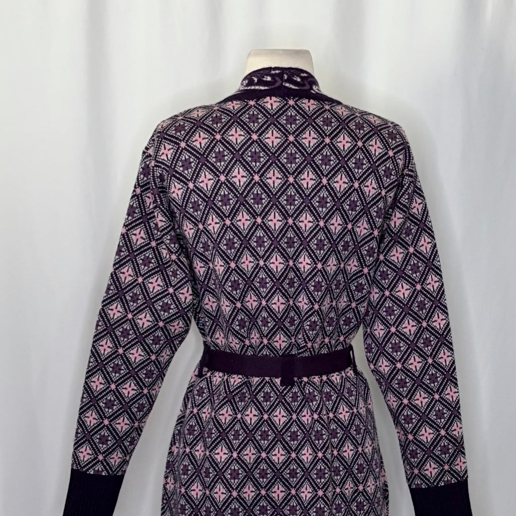 COSY WOOL by Elson Purple Geometric Cardigan Sweater Belted Tie Waist Size 38