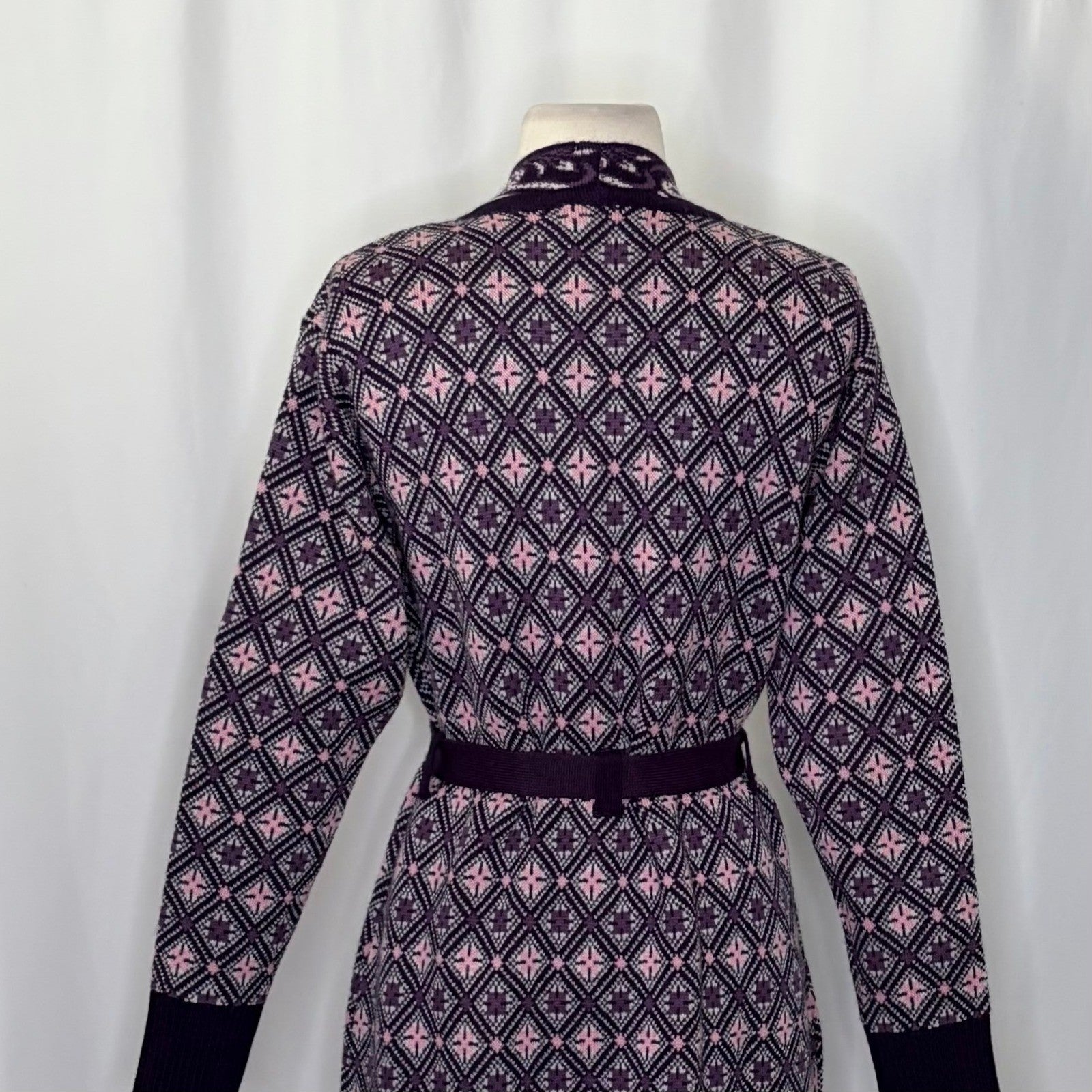COSY WOOL by Elson Purple Geometric Cardigan Sweater Belted Tie Waist Size 38