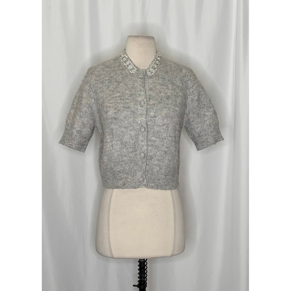 ZARA Jewel Embellished Gray Cropped Cardigan Sweater Knitwear Jewelled Large