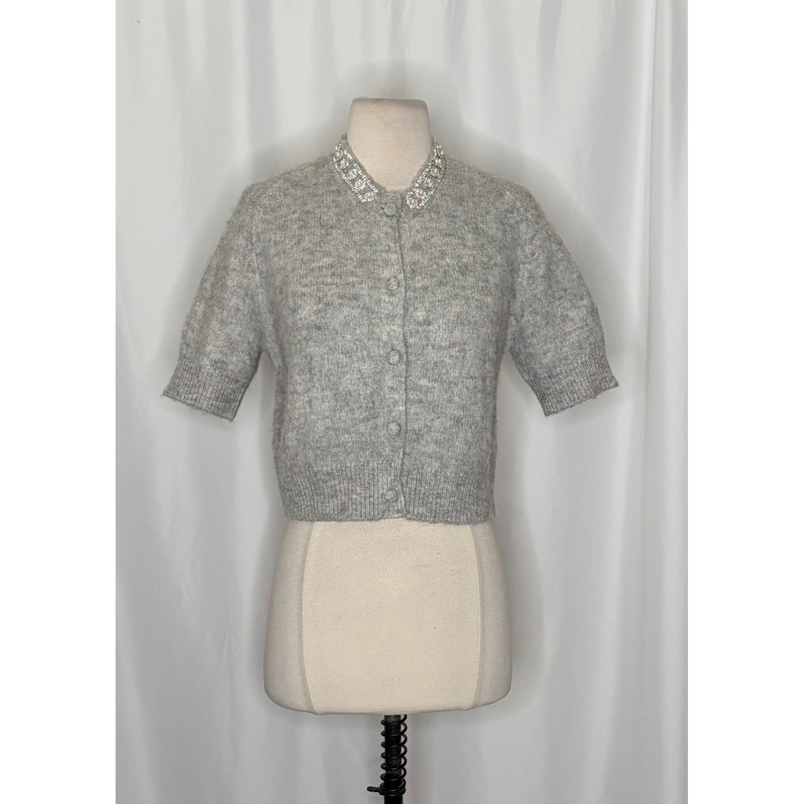 ZARA Jewel Embellished Gray Cropped Cardigan Sweater Knitwear Jewelled Large