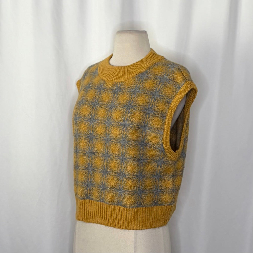 ZARA Chunky Wool Sweater Vest Plaid Star Pattern Yellow Gray Academia Small