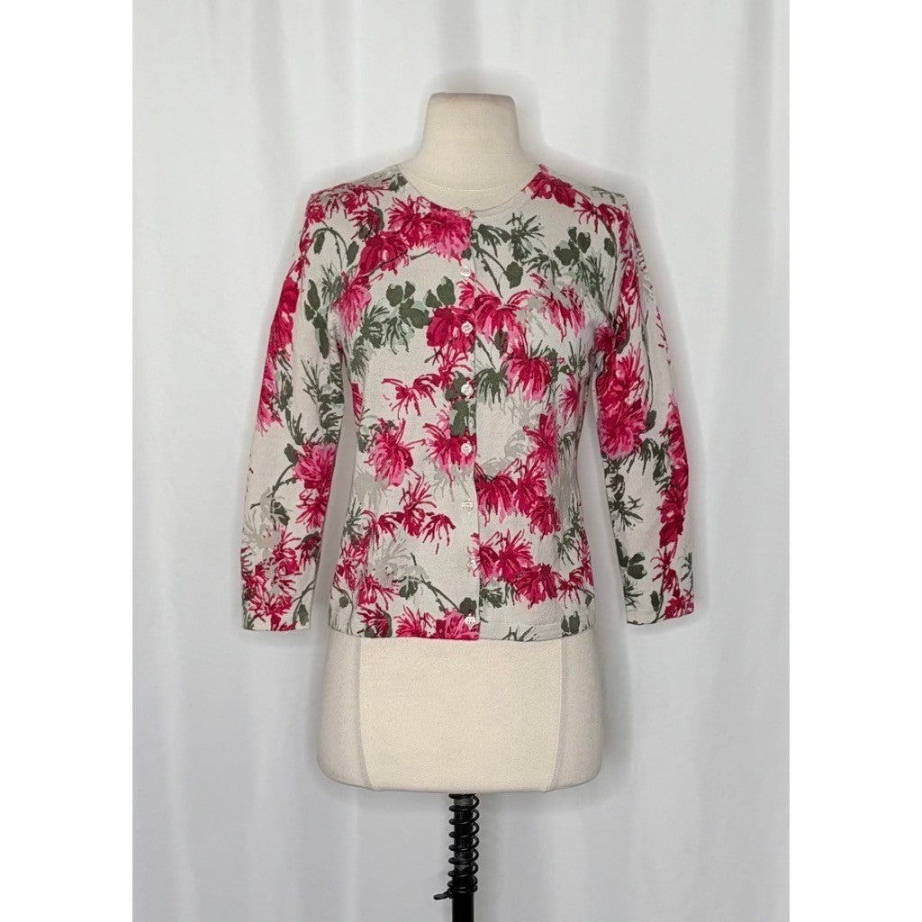 NEW!! GARNET HILL Merino Wool Cardigan Sweater Floral Gray Pink Preppy Small