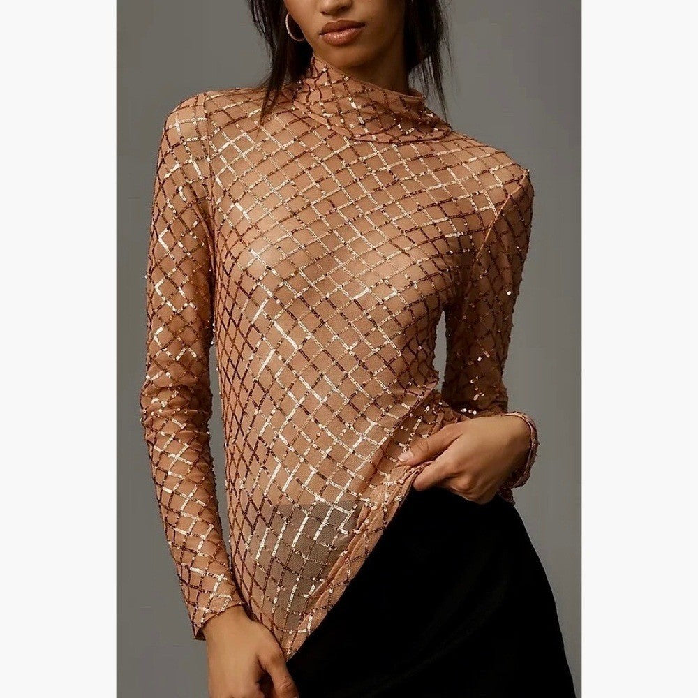 NWT!! Anthropologie PILCRO Turtleneck Sequin Top Shirt Bronze Party Glam X-Small