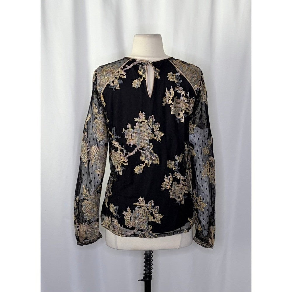HALE BOB Floral Embroidered Mesh Top Blouse Long Sleeve Jacquard Romantic Medium