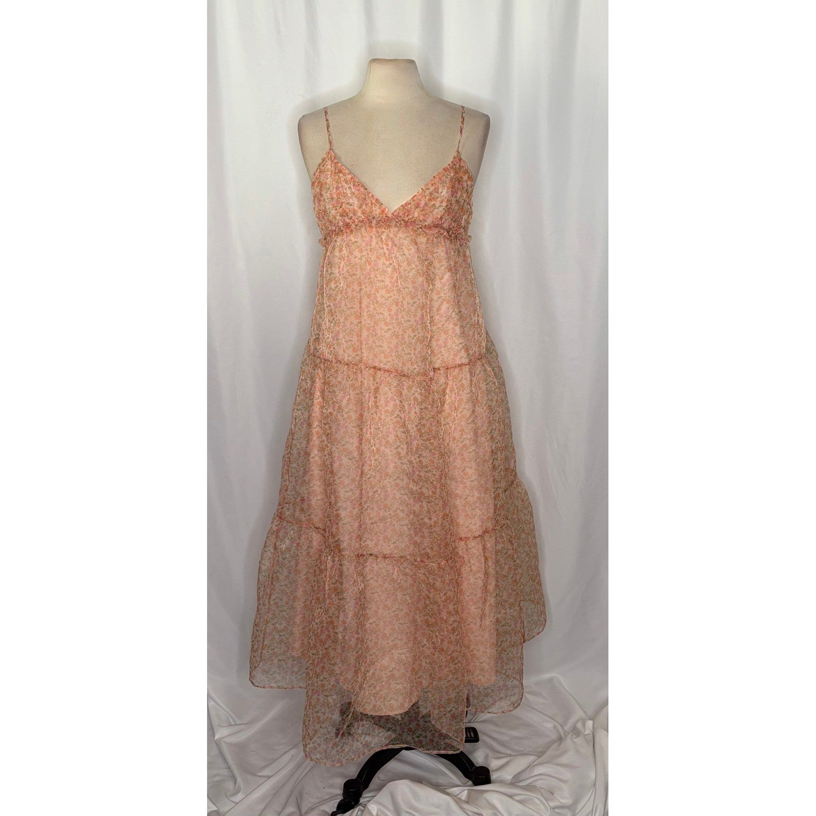 ZARA Organza Pink Peach Floral Maxi Dress Tiered Sundress Summer Vacation Medium