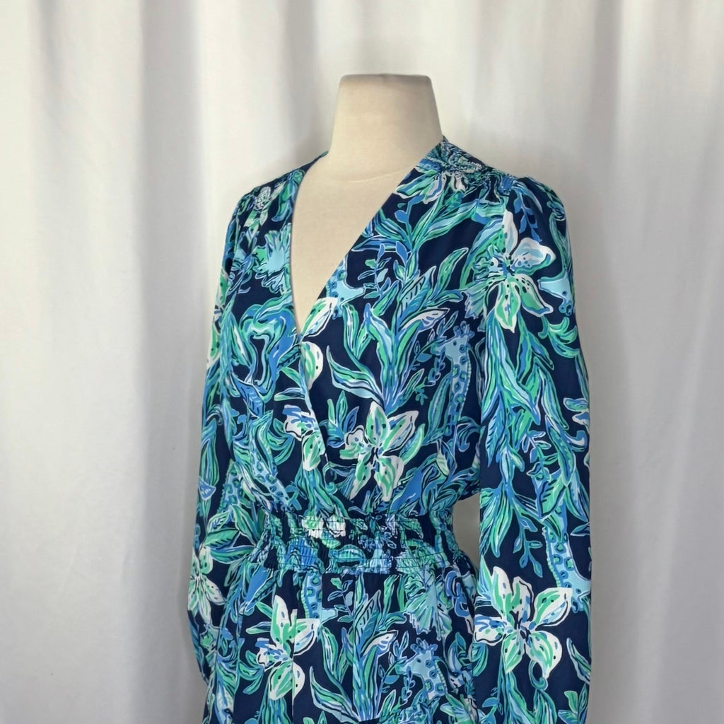 LILLY PULITZER Cristiana Dress High Tide Navy Take It Or Leaf It Smocked 0