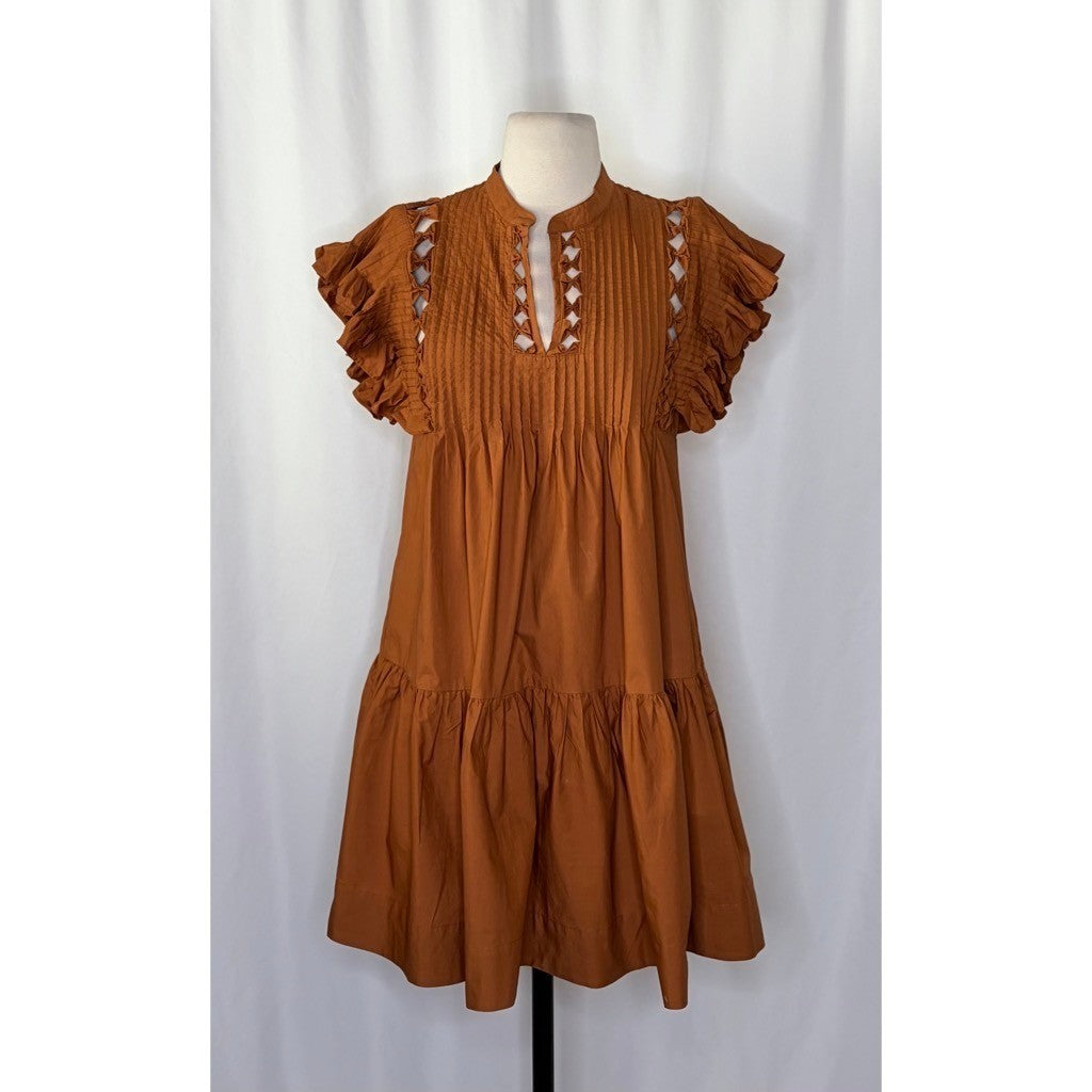 SEA New York Phoebe Ruffled Flutter Sleeve Dress Poplin Pleated Brown Small