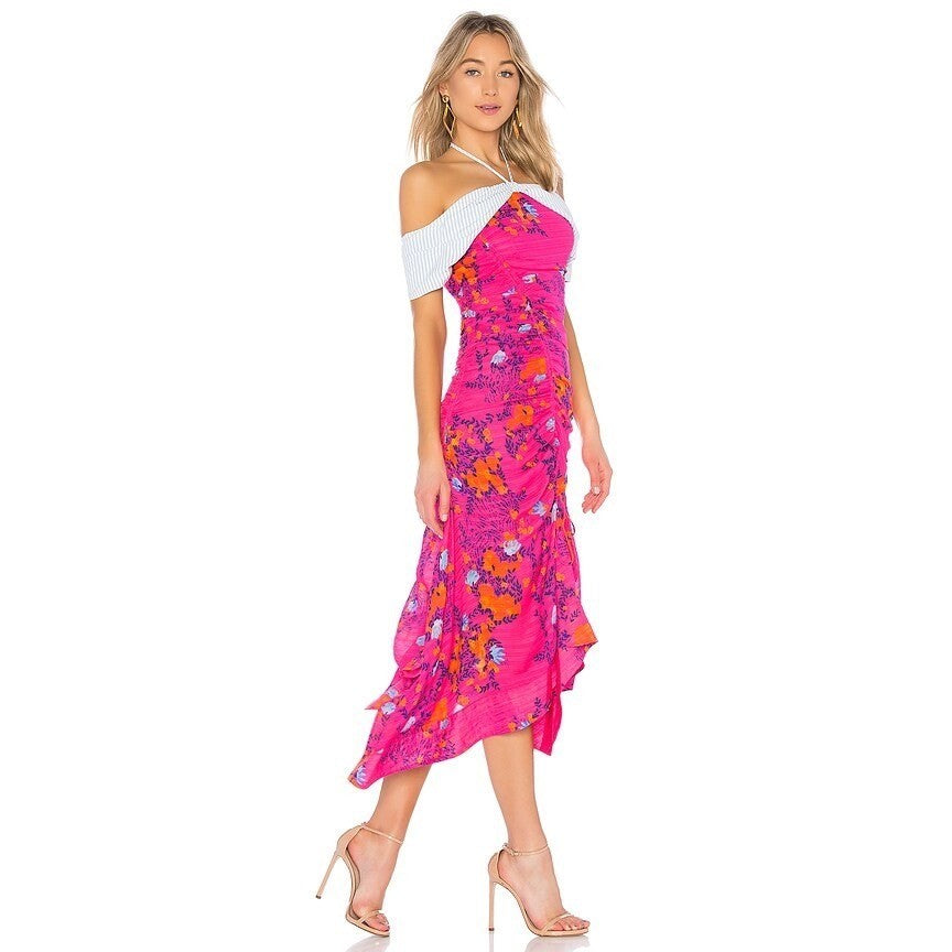 NWT!! TANYA TAYLOR Silk Virginia Dress Falling Floral Pink Striped Halter Size 0