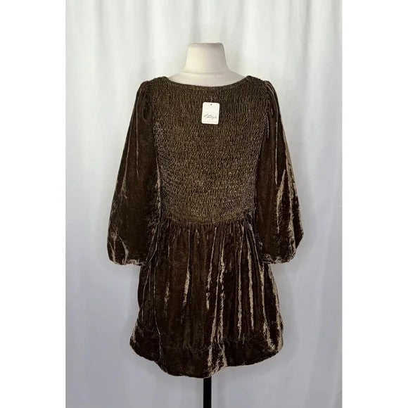 NWT!! FREE PEOPLE Farrier Velvet Mini Dress Smocked Solid Brown Bear Mini Medium