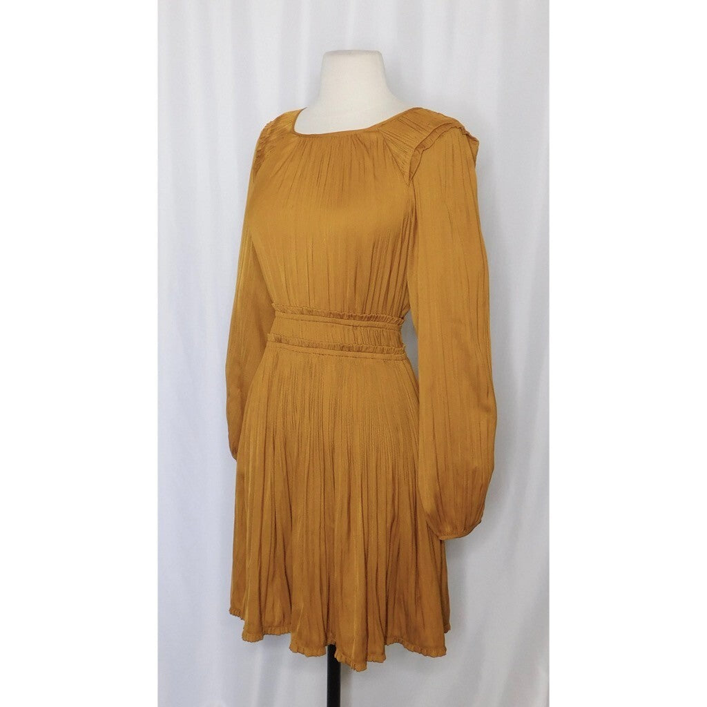 NWT!! Anthropologie MAEVE Saniya Mini Dress Solid Gold Pleated Flirty Small