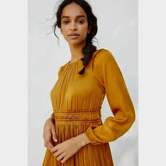NWT!! Anthropologie MAEVE Saniya Mini Dress Solid Gold Pleated Flirty Small