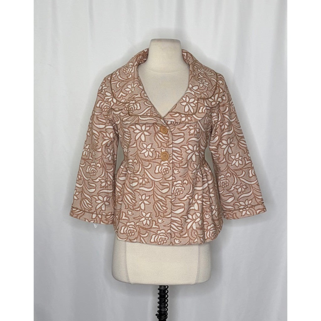 Anthropologie ELEVENSES Floral Jacquard Peplum Blazer Jacket Cream Tan Size 8