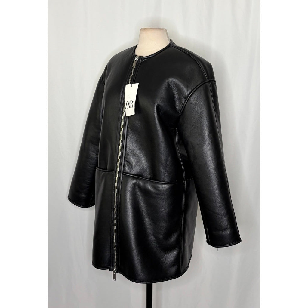 NWT!! ZARA ZW Collection Double Faced Coat Jacket Black Fleece Lining Small