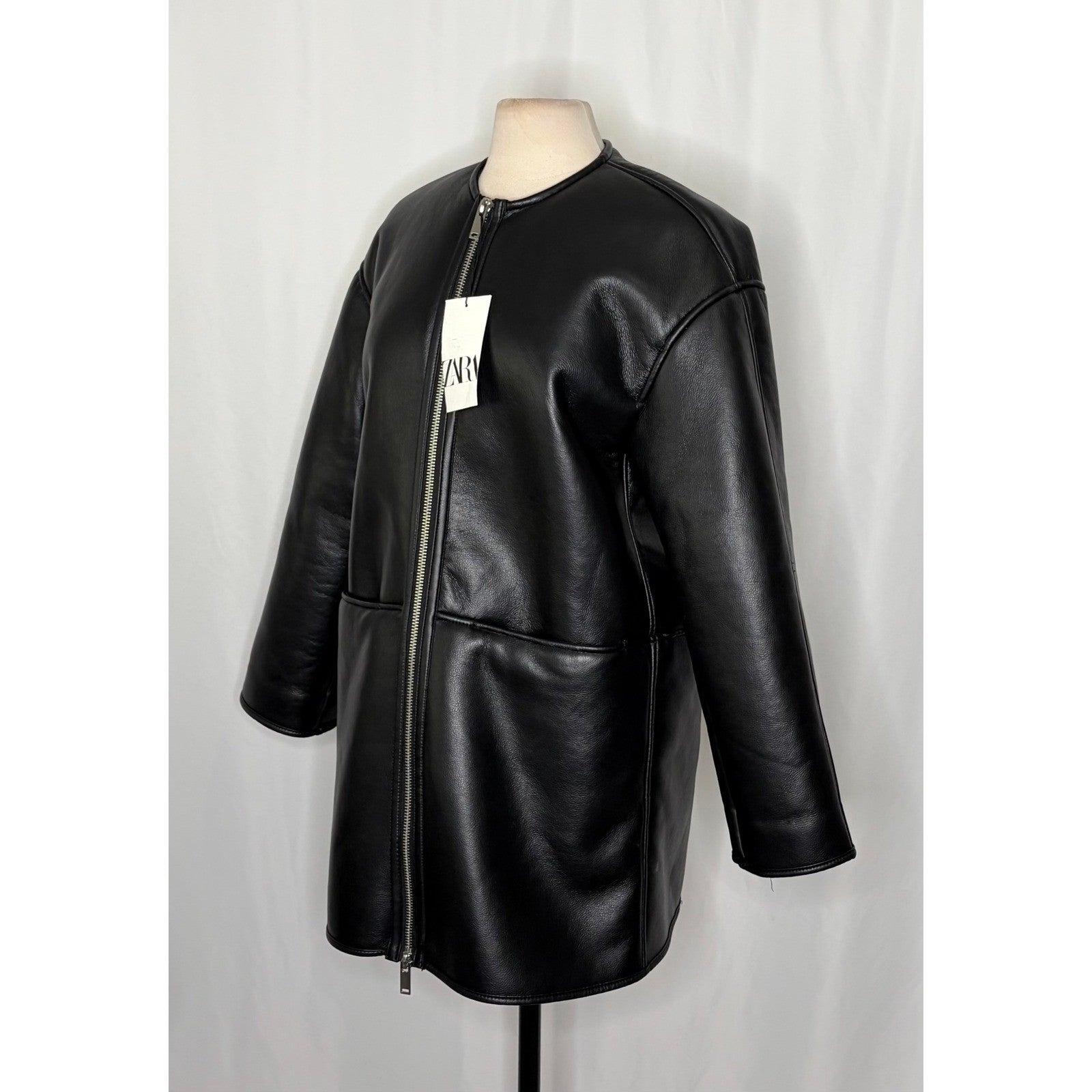 NWT!! ZARA ZW Collection Double Faced Coat Jacket Black Fleece Lining Small