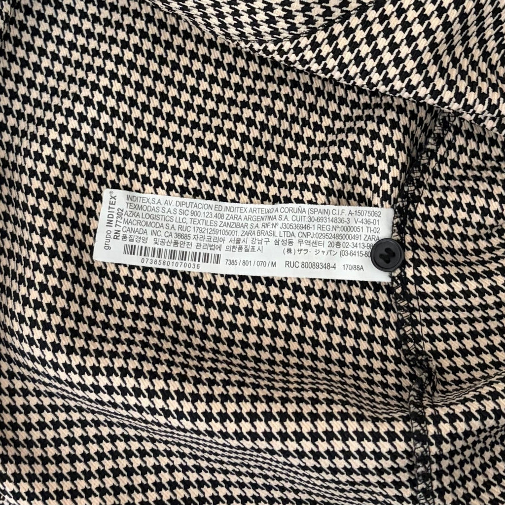 ZARA Houndstooth Black Tan Shirtdress Ruched Preppy Plaid Shirt Dress Medium