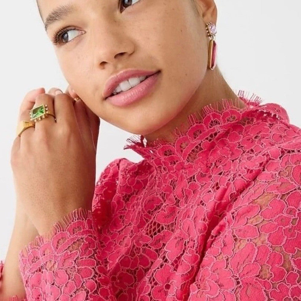NWT!! J. CREW Scalloped Lace Mockneck Top Blouse Dragon Fruit Pink Size 14