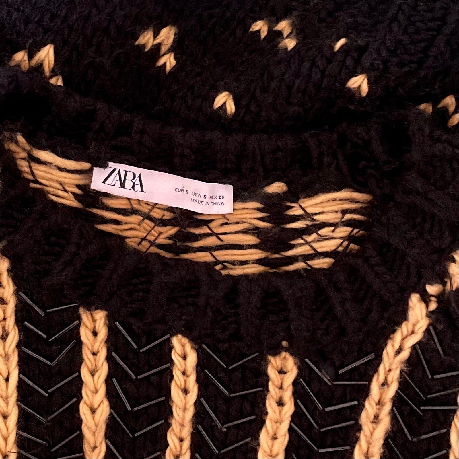 ZARA Limited Edition Beaded Jacquard Sweater Black Brown Oversized Chunky Small