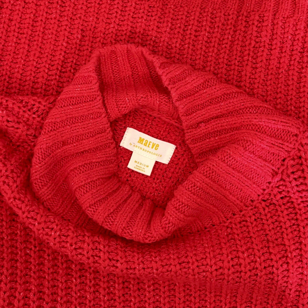 Anthropologie MAEVE Solid Red Shaker Knit Sweater Mockneck Pullover Fleck Medium