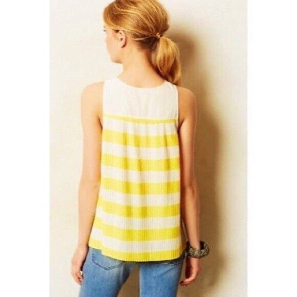 Anthropologie MAEVE Citron Stripe Pleated Tank Top Blouse Swingy Yellow Size 8