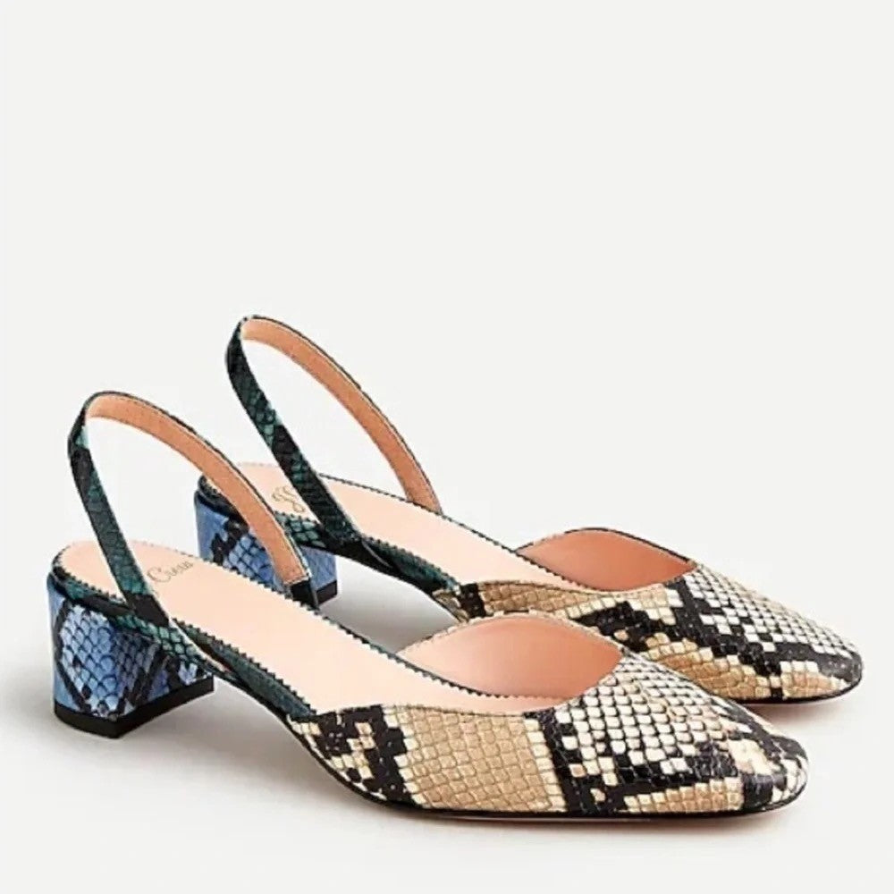 J. CREW Kate Slingback Pumps Snake Embossed Leather Shoes Snakeskin Block 10