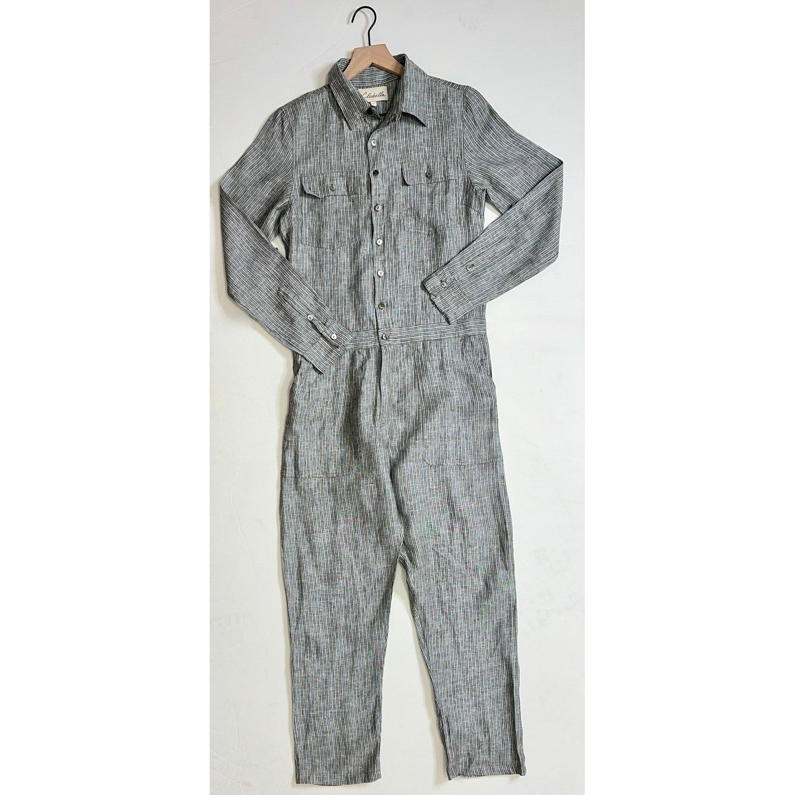 CLEOBELLA Nysa Striped Jumpsuit Tapered Legs Green Utility Cotton Preppy Small