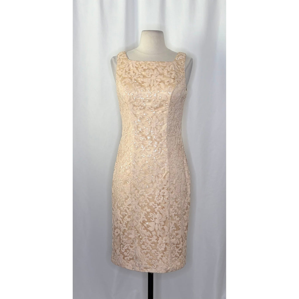 SUE WONG Nocturne Champagne Sequin Sleeveless Party Cocktail Sheath Dress Size 4