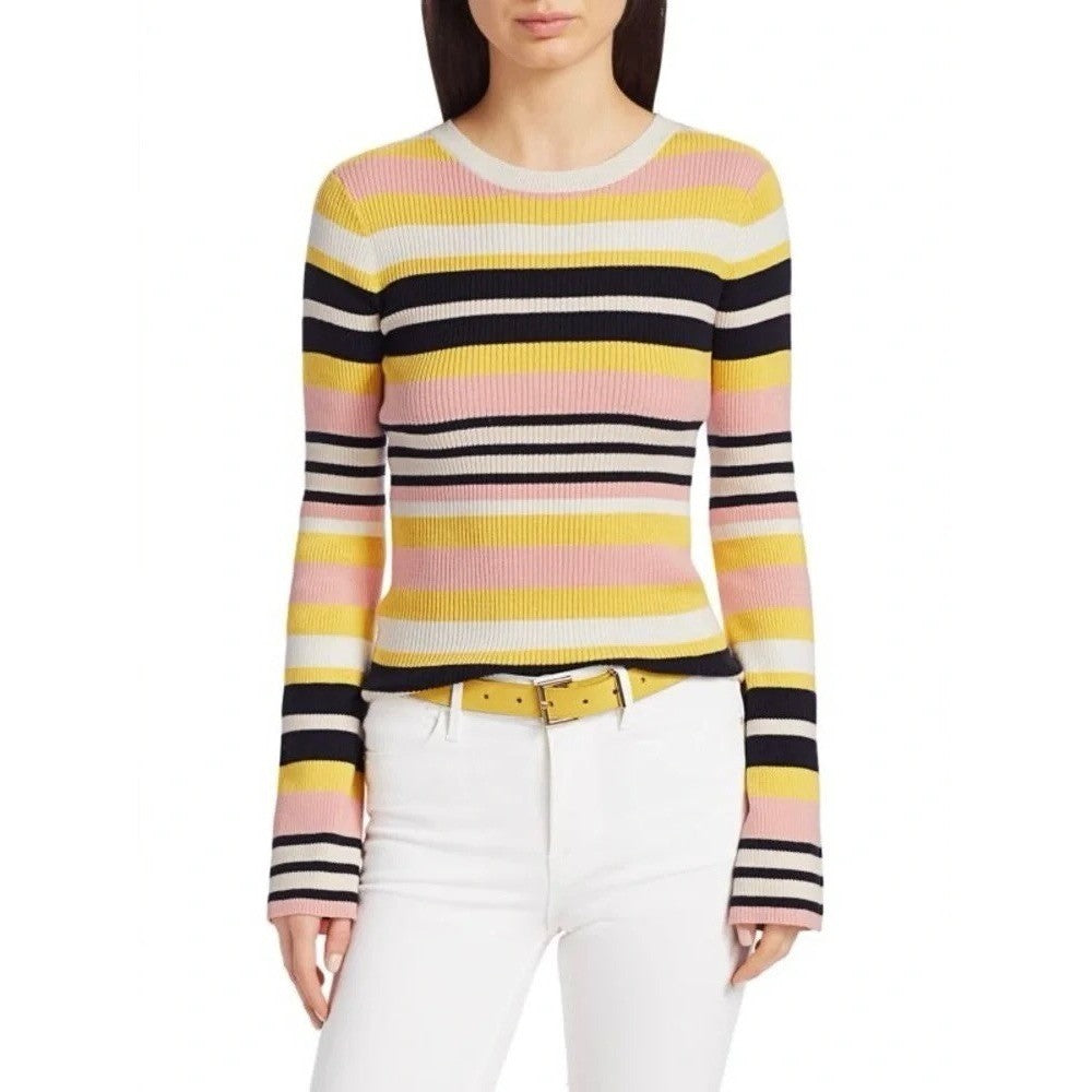 FRAME Denim Baja Citrine Stripe Sweater Cashmere Ribbed Knit Flare Sleeves Small