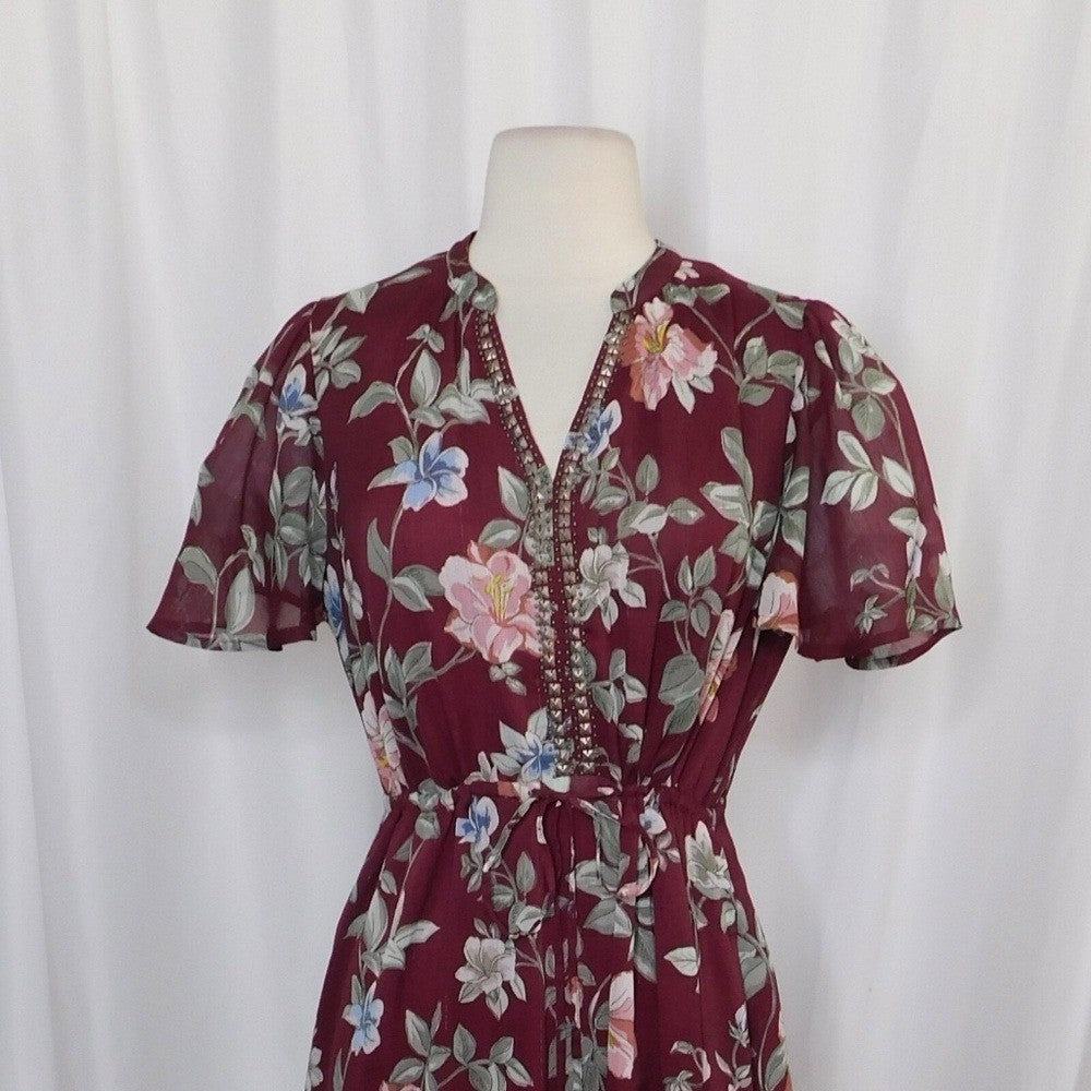 TOMMY BAHAMA Painted Petal Midi Floral Dress Metallic Embellished Beads X-Small